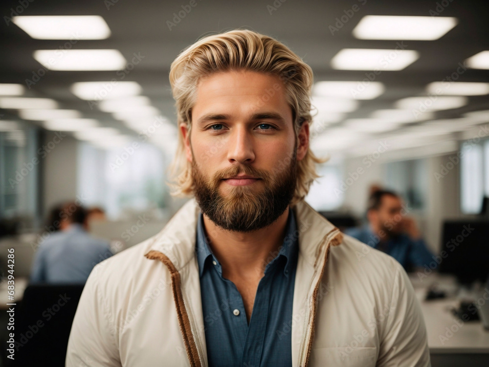 portrait handsome blonde man entrepreneur in a very clear office portrait handsome blonde man entrepreneur in a very clear office