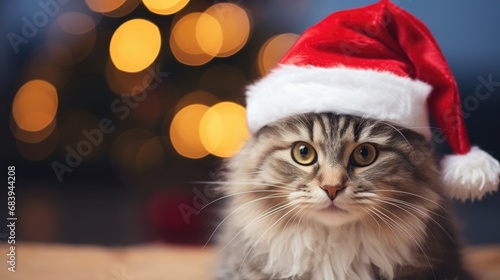 cute cat in red hat with Christmas decorations and lights on background