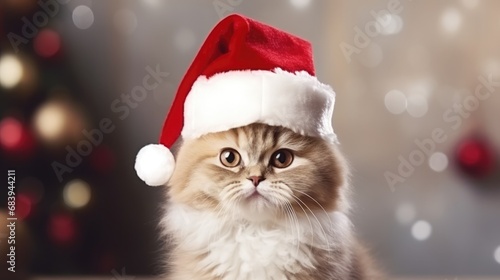 cute cat in red hat with Christmas decorations and lights on background © Maryna
