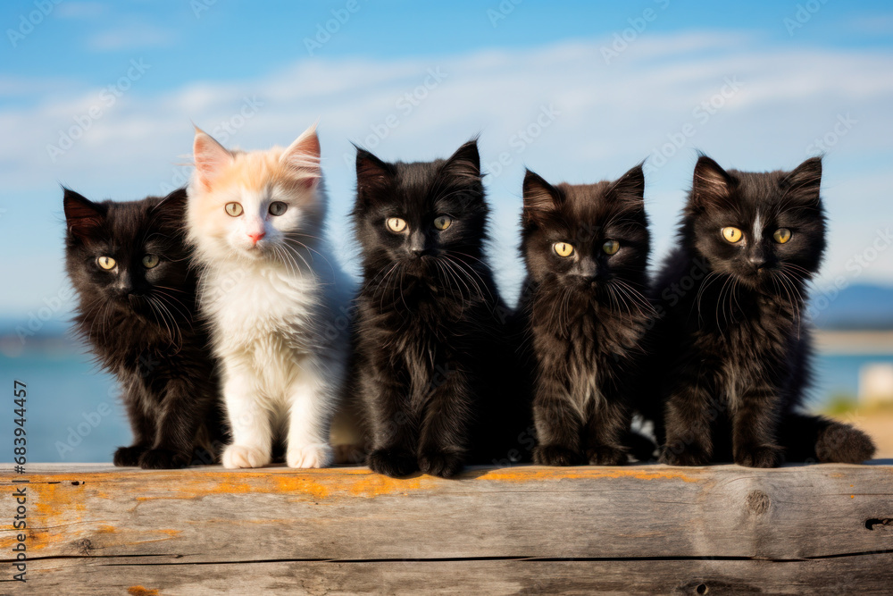 Lineup of five fluffy kittens perched side by side on a wooden ledge