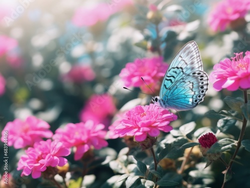 Stunning Capture of a Sapphire Butterfly Dancing on Pink Blossoms in the Sunshine Generative AI photo