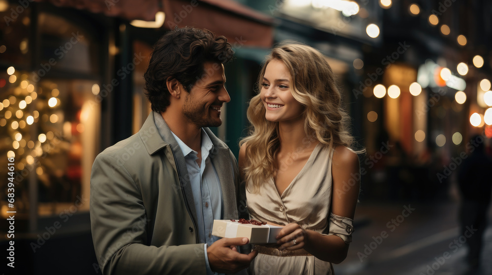 young handsome man gives a gift to a beautiful woman on a city street, date, love, Christmas, Valentine's day, guy and girl, romance, boyfriend, new year, family, couple of lovers, birthday, emotions