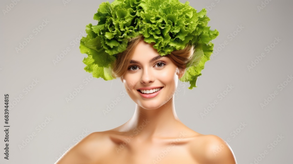 Beautiful girl with lettuce leaves. On a white background. Healthy eating Beautiful girl with lettuce leaves. On a white background. Healthy eating