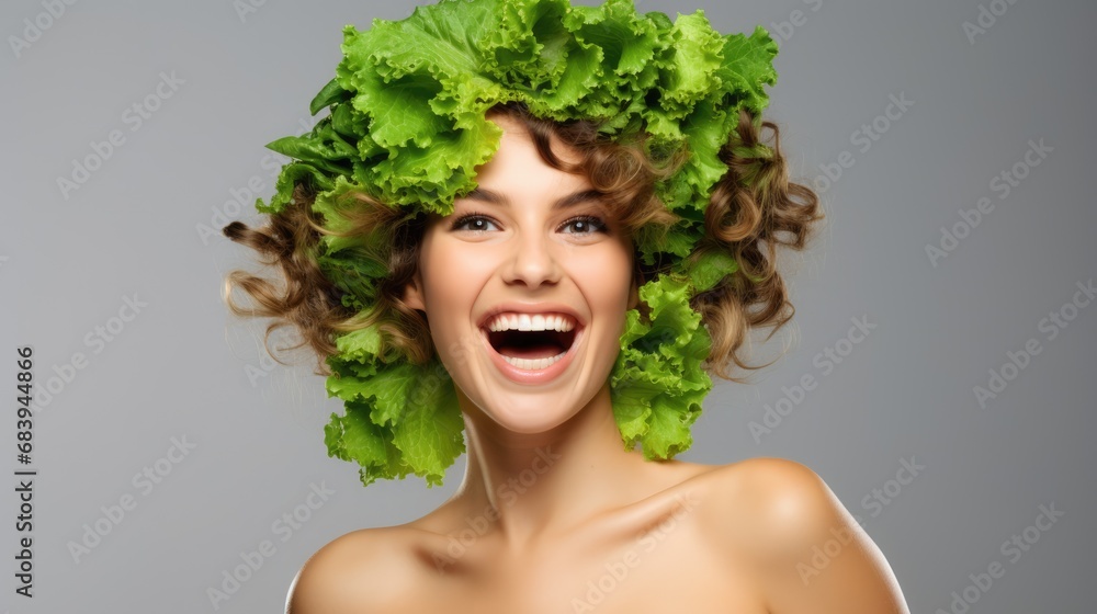 Beautiful girl with lettuce leaves. On a white background. Healthy eating Beautiful girl with lettuce leaves. On a white background. Healthy eating