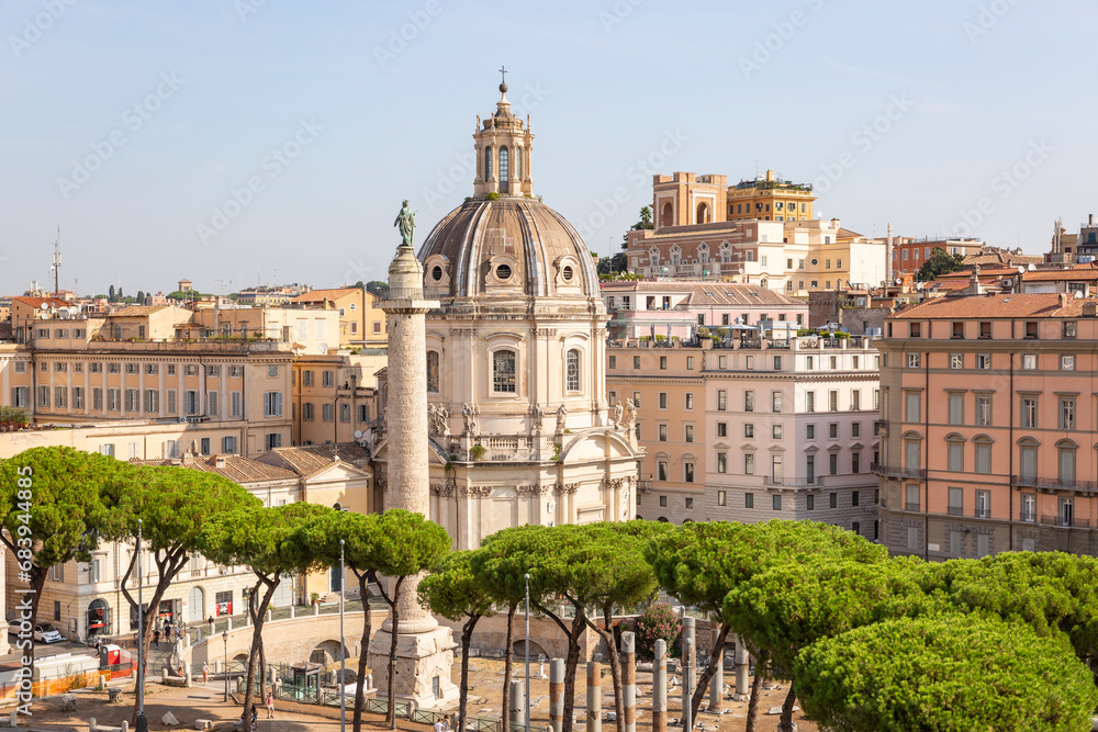 Trajan's Column and the Church of the Most Holy Name of Mary at the Trajan Forum (Santissimo Nome di Maria al Foro Traiano) in Rome, Lazio, Italy