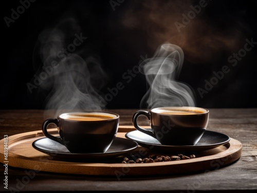 Captivating Aromas: A Stunning Portrait of Steaming Coffee on a Rustic Wooden Table Generative AI