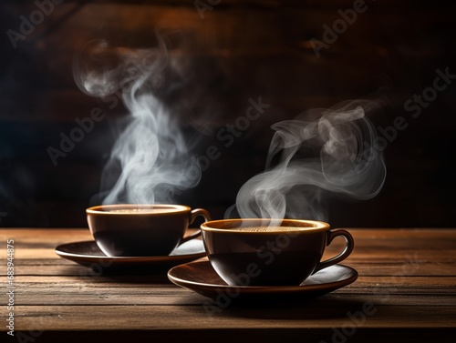 Invigorating Morning Moments: Artistry in Coffee Cup Steam and Rustic Charm Generative AI