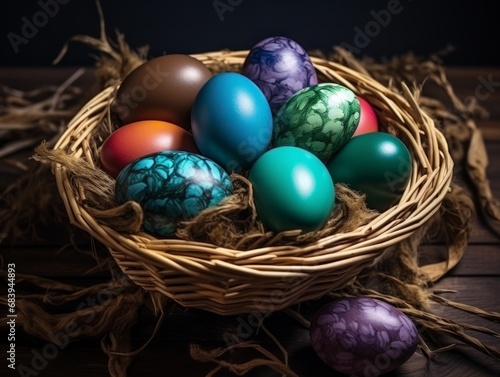 Experience the Joy of Easter: Vibrant Egg Collection on Rustic Wood! Generative AI