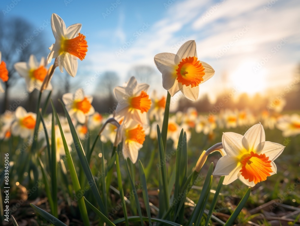 Obraz premium Breathtaking Springtime: Unveiling a Sea of Vibrant Daffodils in the Field Generative AI