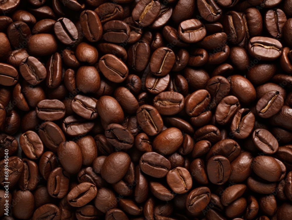 Naklejka premium Uncover the Rich Texture of Dark Brown Coffee Beans: An Invitation to Sensory Bliss Generative AI