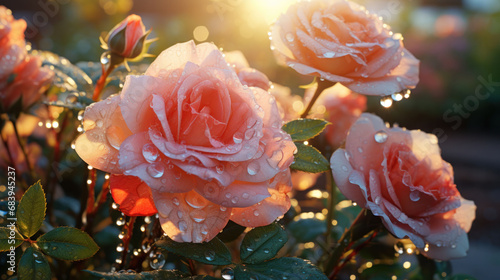 Dew-kissed roses bloom on Dewy Spring Mornings, their petals reflecting the golden sunrise.