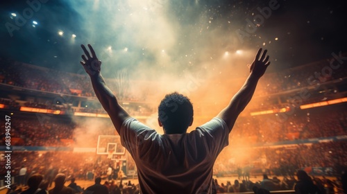 Basketball fan celebrates victory. Blurry basketball field photo