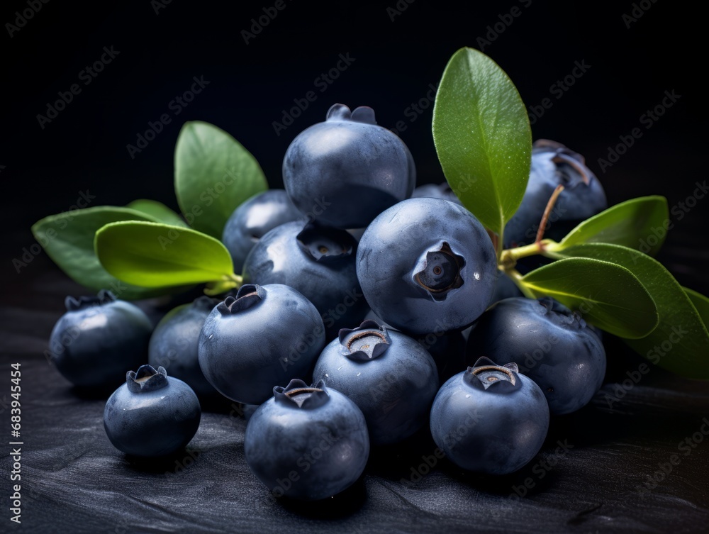 Fototapeta premium Indulge in the Antioxidant Powerhouse: Fresh Blueberries in Dark Solitude! Generative AI