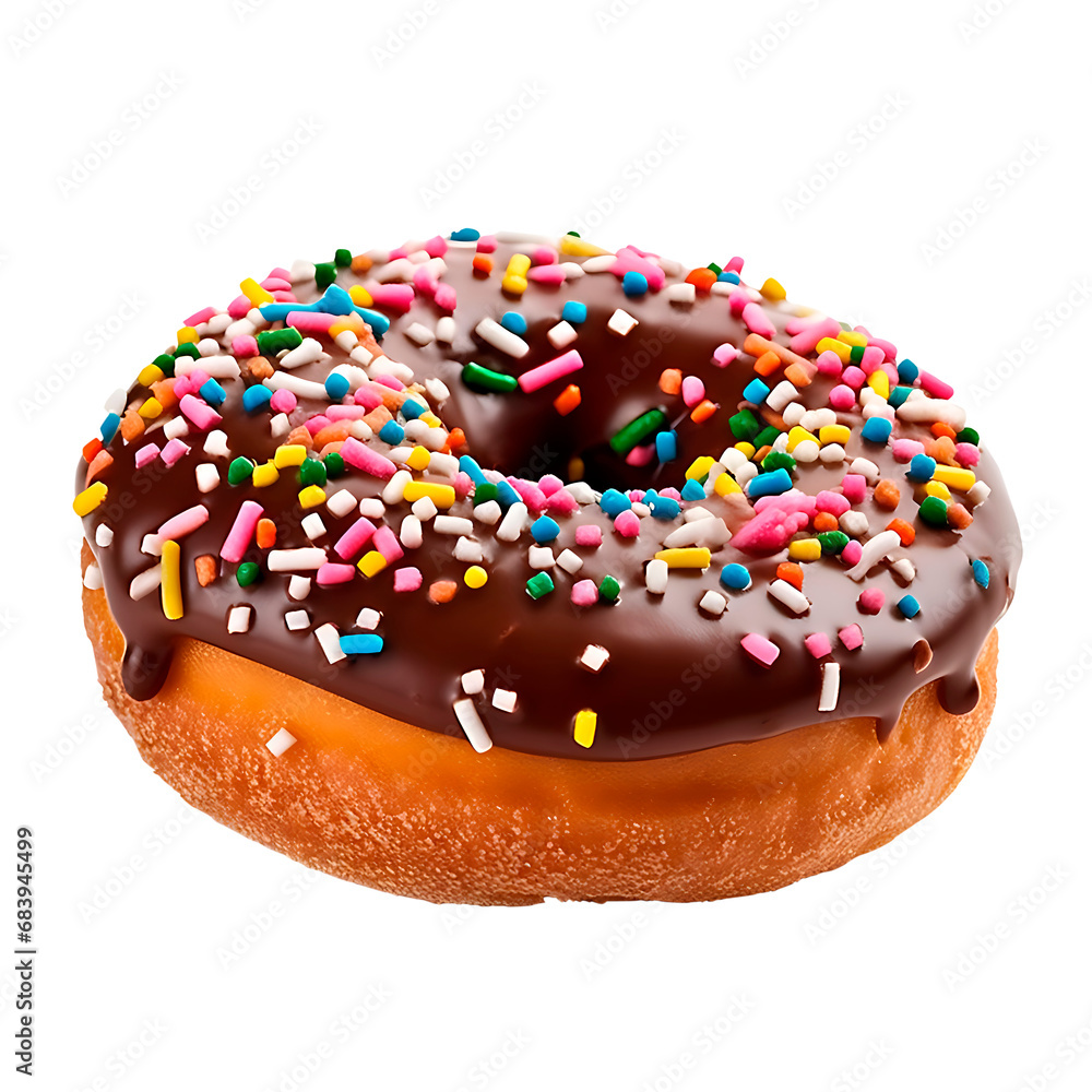Donut with chocolate glaze and colored sprinkles with transparency, PNG format Donut with chocolate glaze and colored sprinkles with transparency, PNG format