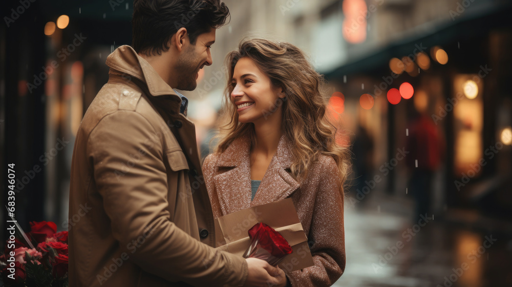 young handsome man gives a gift to a beautiful woman on a city street, date, love, Christmas, Valentine's day, guy and girl, romance, boyfriend, new year, family, couple of lovers, birthday, emotions - obrazy, fototapety, plakaty 