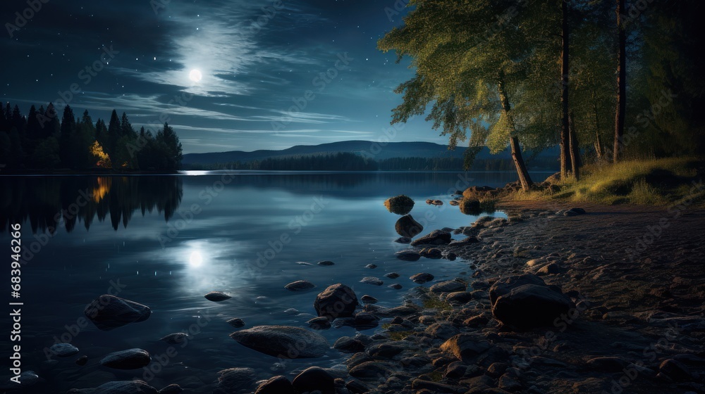  a view of a lake at night with a full moon in the sky and a few stars in the sky.