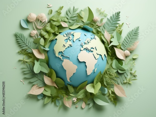 Embracing Sustainability: A Spectacular Display of Green Leaf Paper Art Encircling Earth Generative AI