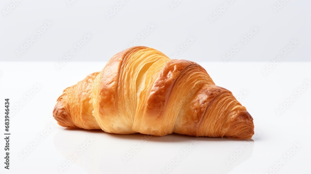 a croissant with a bite taken out of it on a white surface with a reflection of the rest of the croissant. a croissant with a bite taken out of it on a white surface with a reflection of the rest of the croissant.