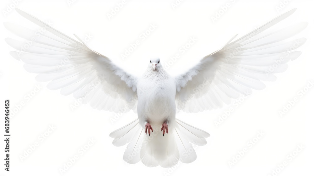 Fototapeta premium A free flying white dove isolated on a white background. AI