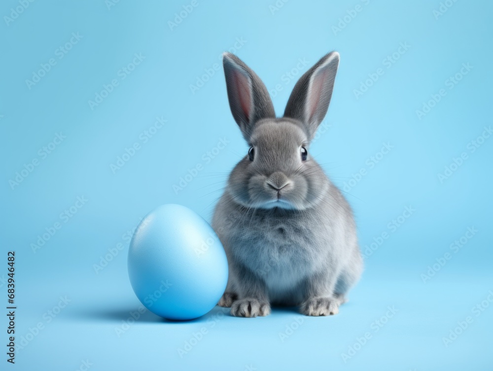 Fototapeta premium Discover the Enchanting Blue-Eyed Bunny With Its Exquisite Blue Easter Egg! Generative AI