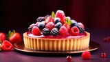  a tart topped with berries and raspberries on top of a brown plate next to a pile of raspberries.