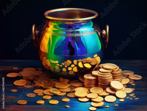 Discover the Magic: Vibrant Rainbow & Pot of Golden Coins Artwork! Generative AI