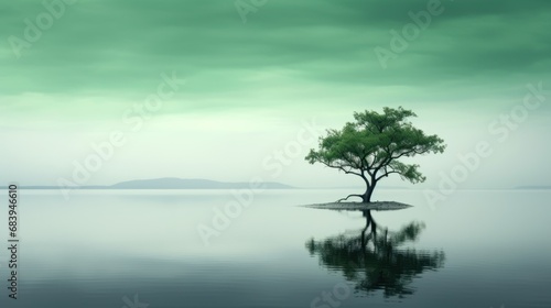  a lone tree sitting on a small island in the middle of a large body of water with mountains in the distance. © Anna