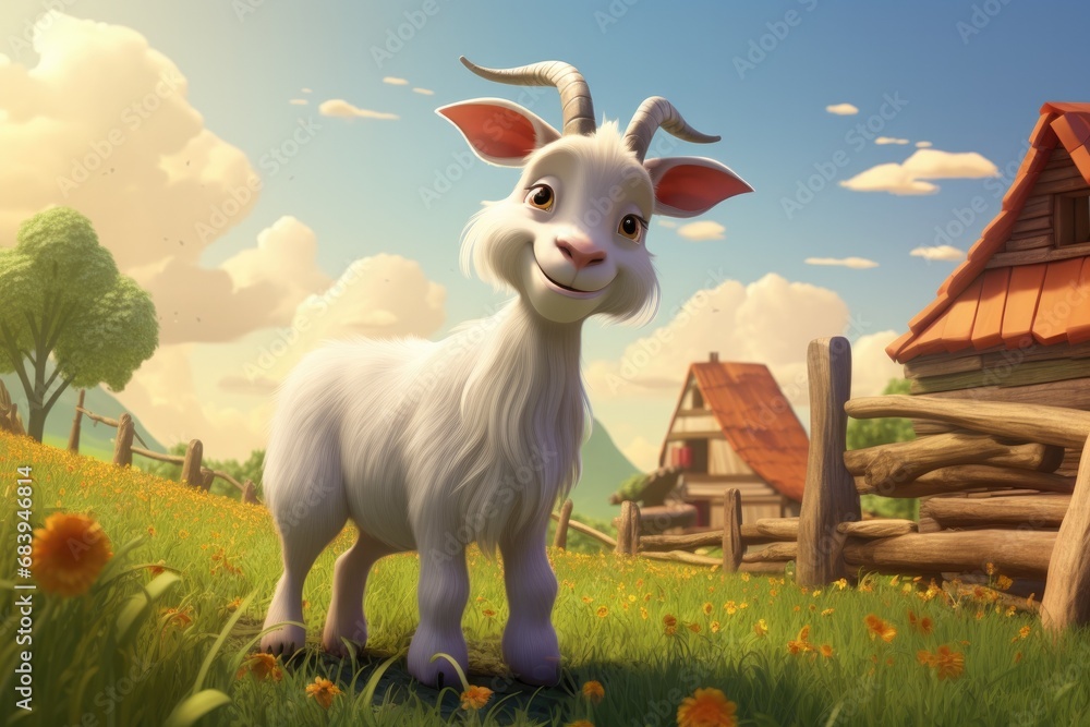 Cute Cartoon Storybook Goat Illustration on a Farm