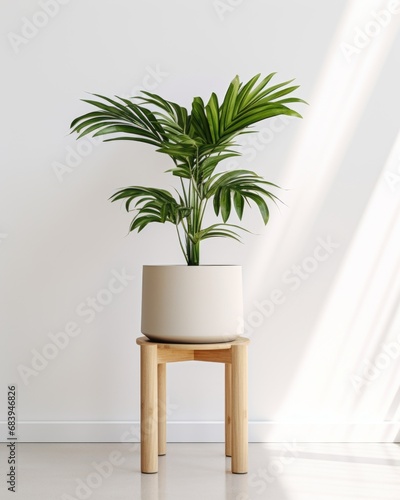 Exquisite Plant Display  Standing Elegantly on a Vintage Wooden Stool Generative AI