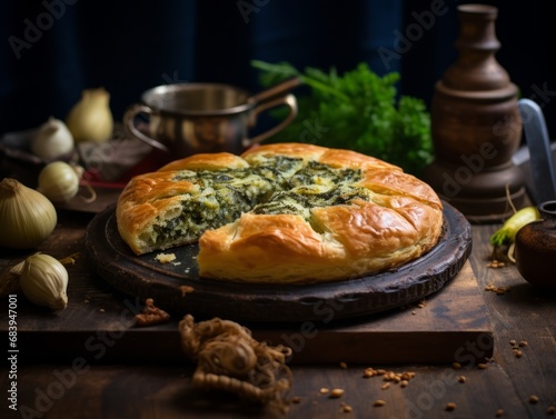 Savour the Rustic Elegance  Handcrafted Spinach Pie on a Wooden Top  Generative AI