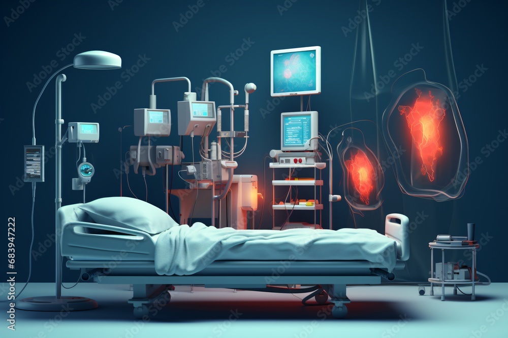 3d cartoon illustration of a hospital room with bed, machines, and equipment for diagnosis and treatment - obrazy, fototapety, plakaty 