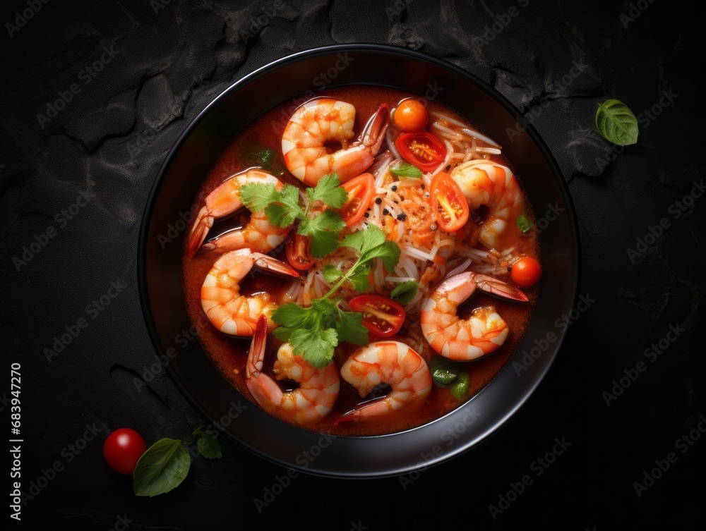 Experience Authentic Thai Shrimp Curry Presented in Exquisite Blackware Generative AI Experience Authentic Thai Shrimp Curry Presented in Exquisite Blackware Generative AI