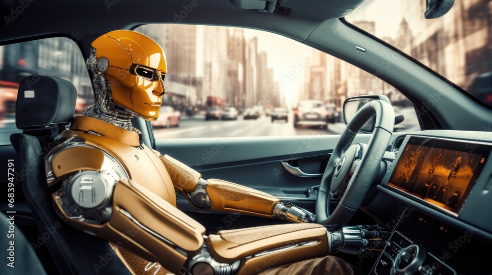 Yellow friendly robot driving a car. Inside the car. Robot driver AI