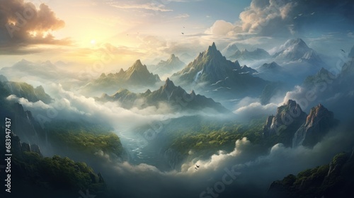  a painting of a mountain range in the sky with clouds and birds flying over the top of the mountain range.