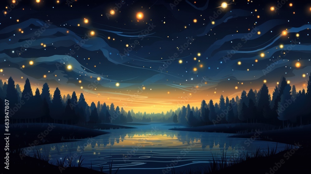 Fototapeta premium a painting of a night sky with stars and a lake in the foreground and trees in the foreground.