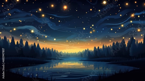  a painting of a night sky with stars and a lake in the foreground and trees in the foreground. © Anna