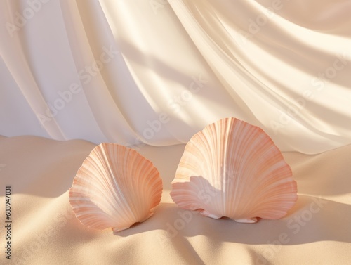 Exquisite Beauty of Dual Seashells Amidst Sandy Tranquility - Witness the Beach Artistry  Generative AI