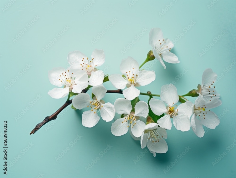 Fototapeta premium Stunning Elegance: A Solo White Cherry Blossom on Vibrant Turquoise Canvas Generative AI