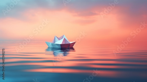  an origami boat floating in the middle of a body of water with a pink sky in the background.