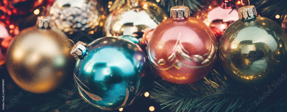Close-up of Christmas colorful balls, vintage style background, banner, wallpaper