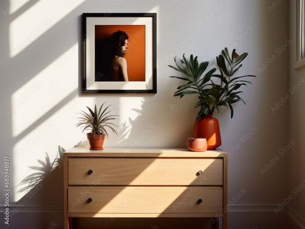 Sophisticated Black Frame: A Modern Chic Accent on a Wooden Dresser Generative AI Sophisticated Black Frame: A Modern Chic Accent on a Wooden Dresser Generative AI