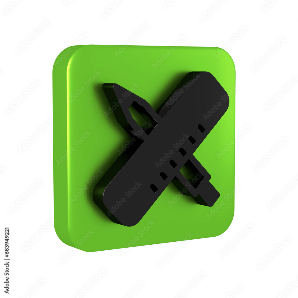 Black Crossed ruler and pencil icon isolated on transparent background. Straightedge symbol. Drawing and educational tools. Green square button.