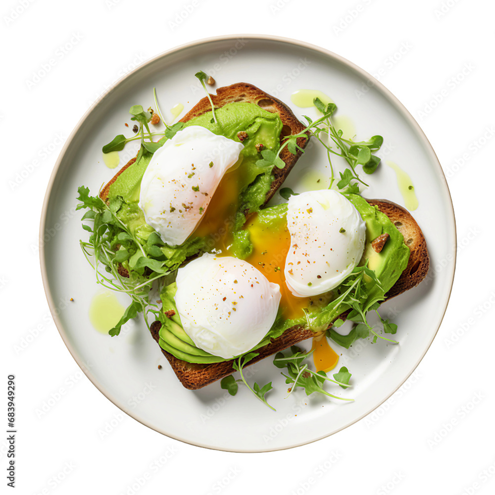 A Plate of Avocado Toast with Poached Eggs Isolated on a Transparent Background A Plate of Avocado Toast with Poached Eggs Isolated on a Transparent Background