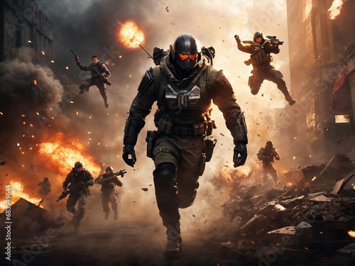 Military soldier squad battle scene, action shooter battle game cover with smoke, dust and explosions