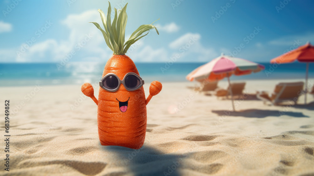 Funny carrot with sunglasses on the beach. Concept of summer vacation.