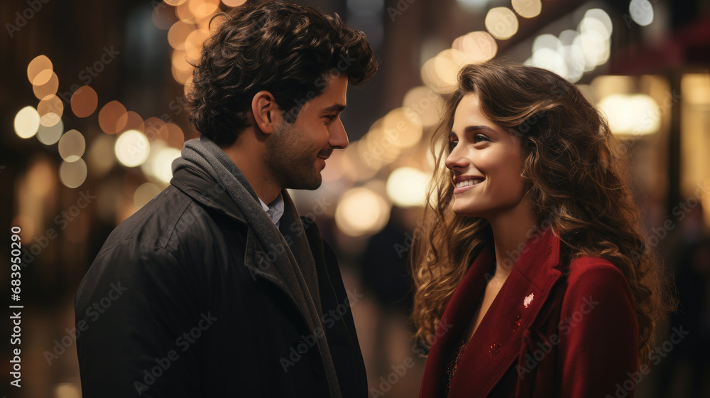 Fototapeta premium young handsome man gives a gift to a beautiful woman on a city street, date, love, Christmas, Valentine's day, guy and girl, romance, boyfriend, new year, family, couple of lovers, birthday, emotions