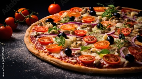  a close up of a pizza with tomatoes, olives, onions, and other toppings on a table.
