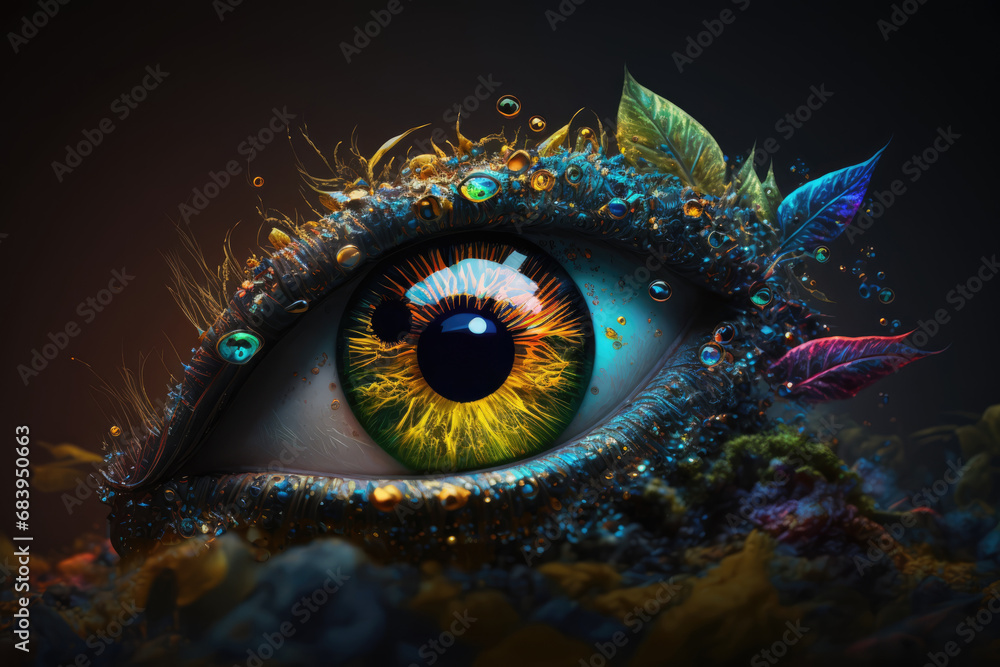 Fototapeta Close up of female eye with colorful iris and paint splashes on a black background. Human Eye under neon light. Eye illustration, Psy art