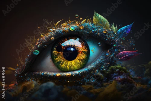 Obraz Close up of female eye with colorful iris and paint splashes on a black background. Human Eye under neon light. Eye illustration, Psy art