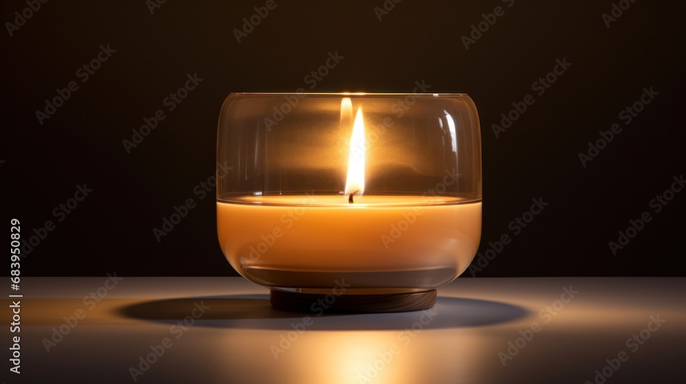 a lit candle sitting in a glass bowl on a table with a shadow on the floor and a dark background. a lit candle sitting in a glass bowl on a table with a shadow on the floor and a dark background.